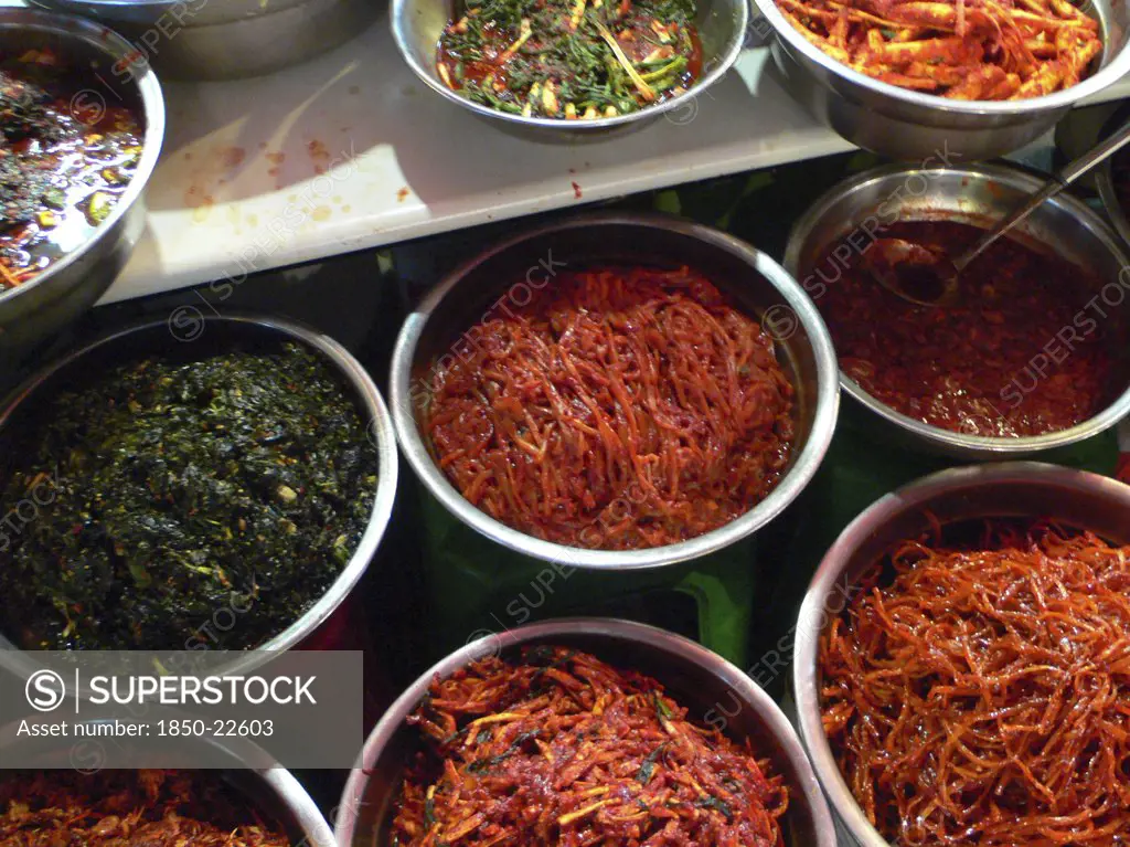 Korea, South, Seoul, 'Namdaemun - Namdaemun Market, Stainless Steel Bowls Full Of Kimchi For Sale'