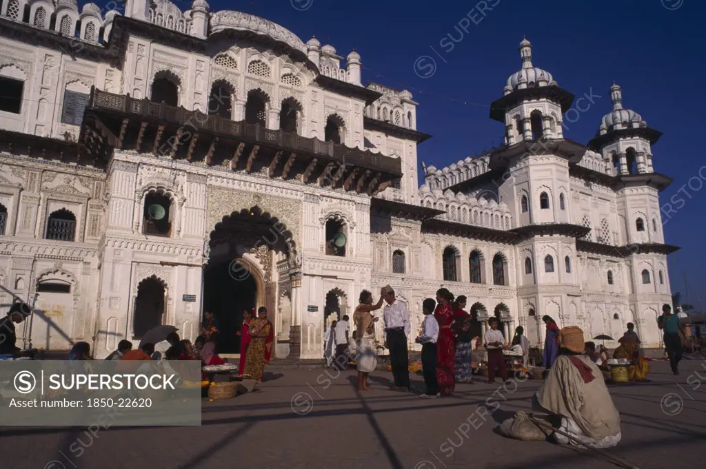 Nepal, Janakpur, 'Janaki Mandir Exterior Facade With Street Traders, Beggar And Crowds In Square In The Foreground.'