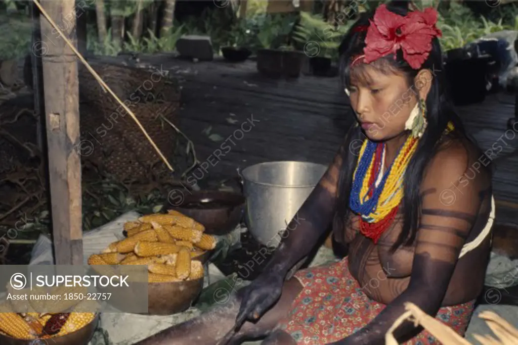 Colombia, Choco, Embera Indigenous People, Young Embera Woman  Body Painted With Black Dye Extracted From Jagua Fruit Wearing Multiple Bead Necklaces  Trade-Cloth Skirt And Hair Band Adorned With Hybiscus Flowers  Prepares Corn Cobs To Make Chicha Maize Beer For A Family Curing Ceremony. Pacific Coastal Region Tribe Body Decoration American Colombian Colombia Female Women Girl Lady Hispanic Indegent Latin America Latino South America  Pacific Coastal Region Tribe Body Decoration American Colombi