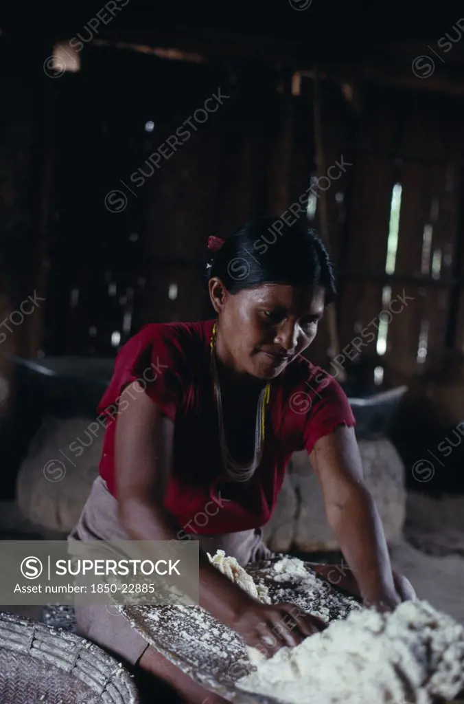 Colombia, North West Amazon, Tukano Indigenous People, Makuna Maloca/Communal Tribal Home  Interior With Woman Rubbing Down Manioc Roots On A Flint Inlain Board  To Make Flour For Casabe. Tukano Makuna Indian North Western Amazonia Maloca Cassava American Colombian Columbia Female Women Girl Lady Hispanic Indegent Latin America Latino South America Tukano