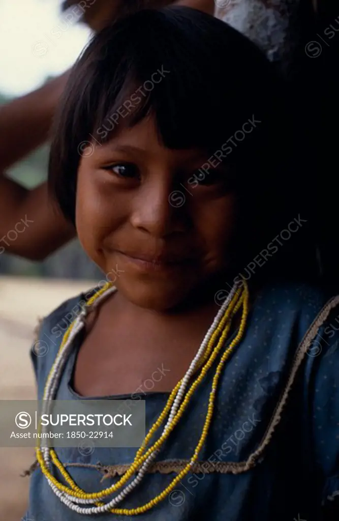 Colombia, North West Amazon, Tukano Indigenous People, Portrait Of Young Makuna Girl Wearing Strings Of Yellow And White Glass Beads. Tukano  Makuna Indian North Western Amazonia American Colombian Columbia Hispanic Indegent Kids Latin America Latino South America Tukano