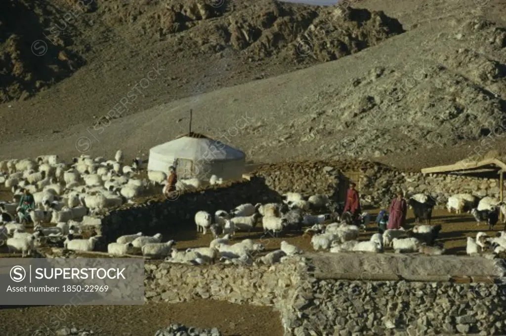 Mongolia, Gobi Desert, Khalkha Winter Sheep Camp Of Gers Yurts And Flock Of Sheep  Part Penned Inside Stone Walled Enclosures On Steep  Barren Hillside In Mountain Landscape. Khalha East Asia Asian Mongol Uls Mongolian Scenic