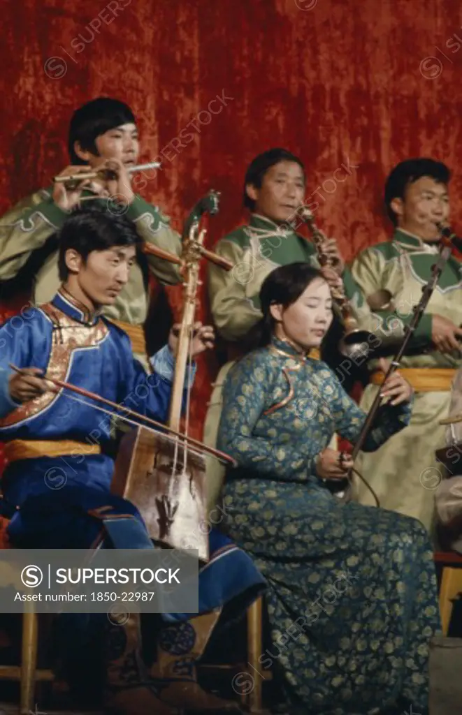 Mongolia, Music, 'Altai Provincial Orchestra, Altai The Provincial Capital. Musicians Playing Various Traditional Mongol Instruments. East Asia Asian Classic Classical Historical Mongol Uls Older '