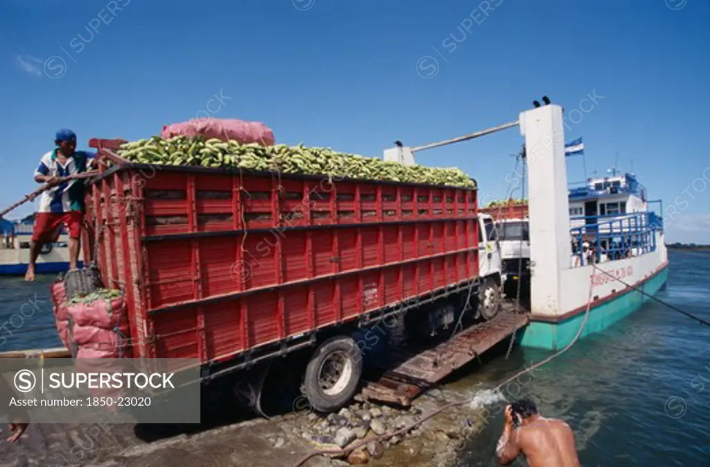 Nicaragua, Lake Nigarugua, A Lorry Loaded With Bananas Boarding A Ferry On Lake Nigarugua