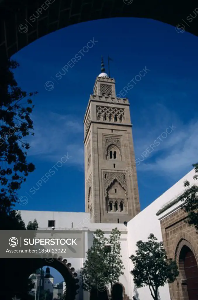 Morocco, Casablanca, Main Mosque In Habbous District. Minaret Seen From Under An Arch