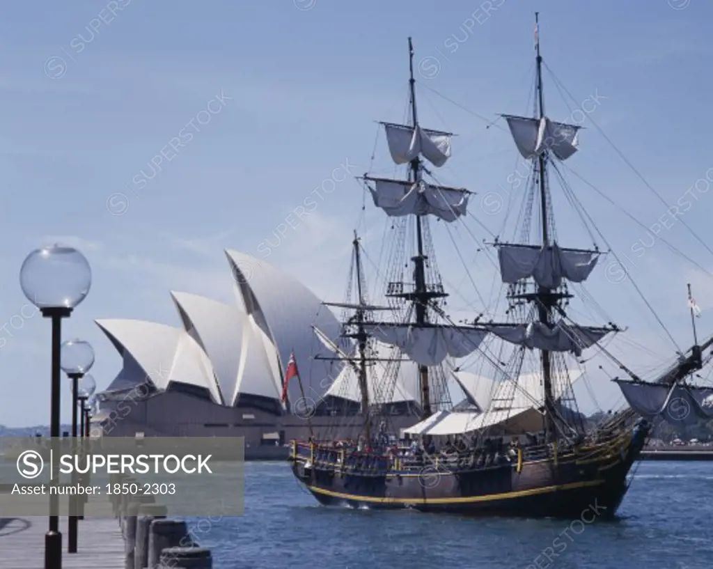 Australia, New South Wales, Sydney, The Bounty Harbour Cruise Ship Arriving At The Rocks With The Opera House Behind