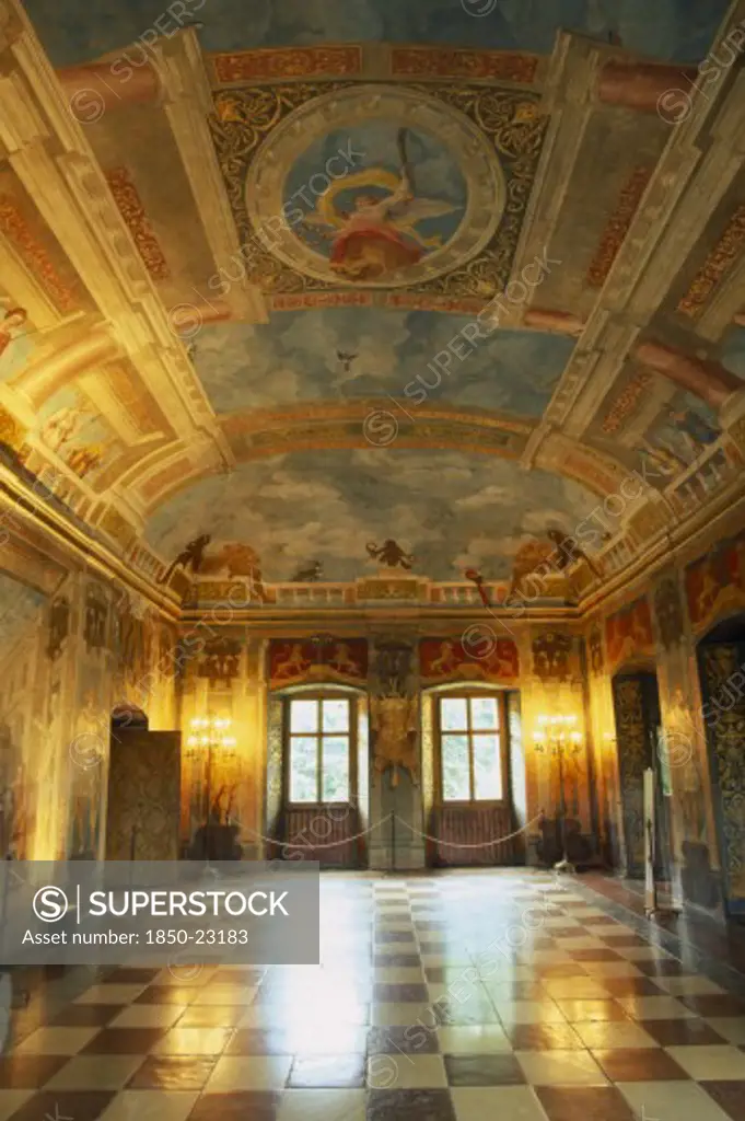 Austria, Salzburg, 'Hellbrunn Palace, Dating From Early 17Th C.  Interior Of Banqueting Hall With  Trompe LOeil Painting Covering Walls And Ceiling And Chequered Floor.  '