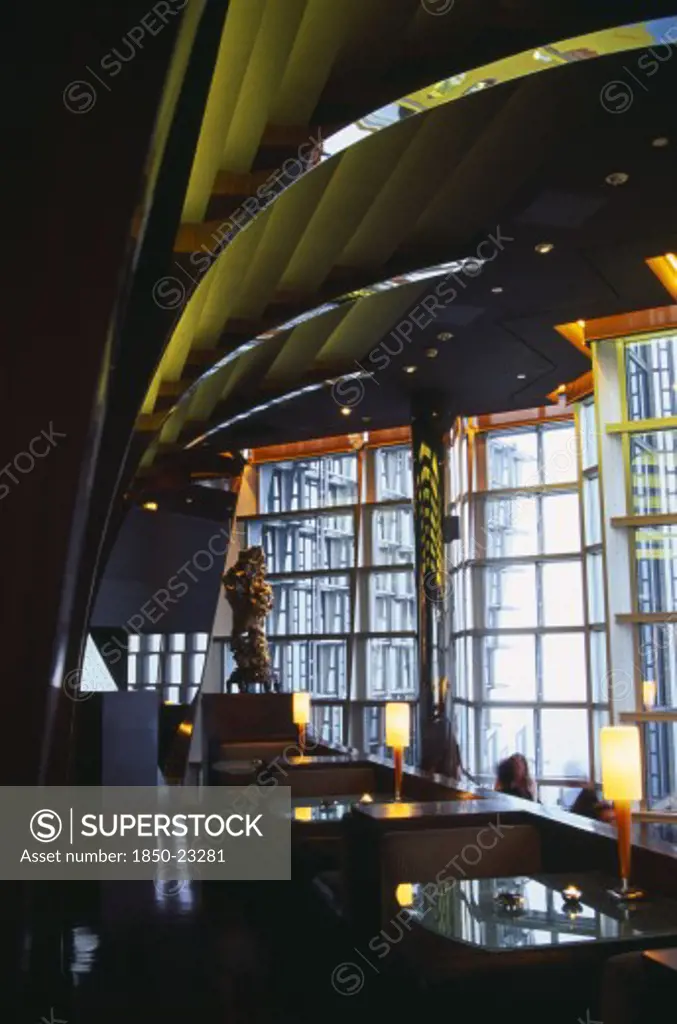 China, Shanghai, Interior Of Cloud 9 Bar In The Jin Mao Building In Pudong.  Seating Area And Glass Frontage.