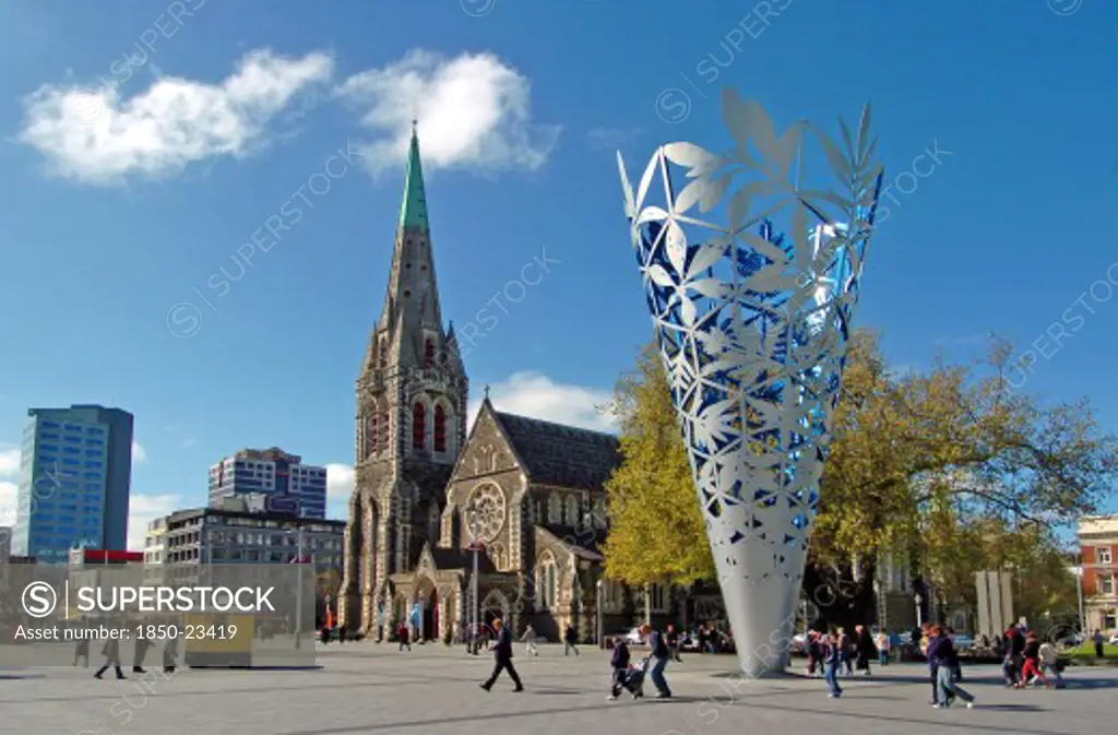 New Zealand, South Island, Christchurch, 'Canterbury, Inverted Cone Millennium Sculpture In Christchurchs Cathedral Square Next To The Anglican Christ Church.'
