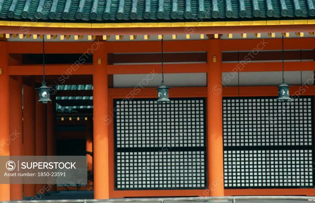 Japan, Honshu, Kyoto, 'Exterior Detail Of The Heian Shrine, Built In 1895 To Celebrate The 1100Th Anniversary Of The Founding Of The City.  Its Buildings Are A Replica On A Reduced Scale Of The First Imperial Palace Built In 794.  Red Pillars, Green Roof Tiles And Hanging Lanterns.'