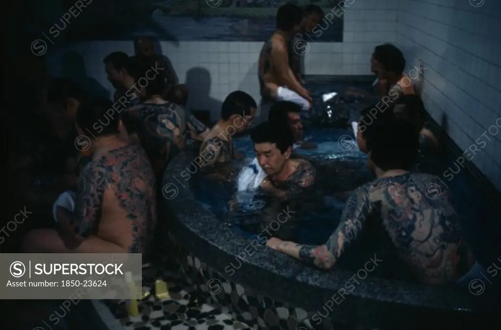 Japan, People, Yakuza, Heavily Tattooed Gangster Or Yakuza Gang Members In Public Bath House.