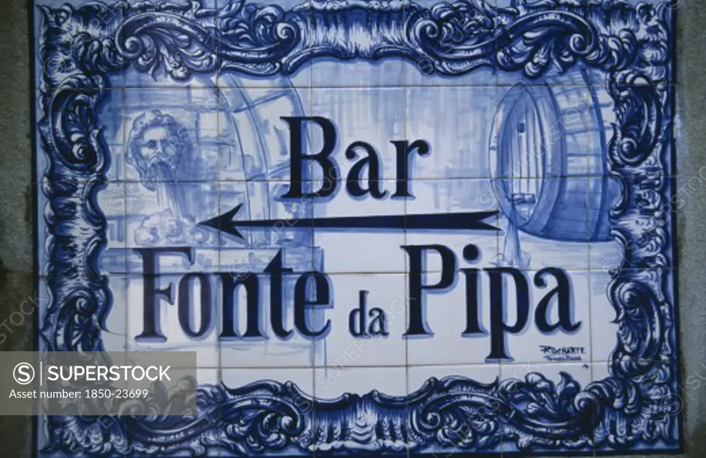 Portugal, Sintra, Detail Of Typical Blue Tiles Advertising Bar Fonte Da Pipa