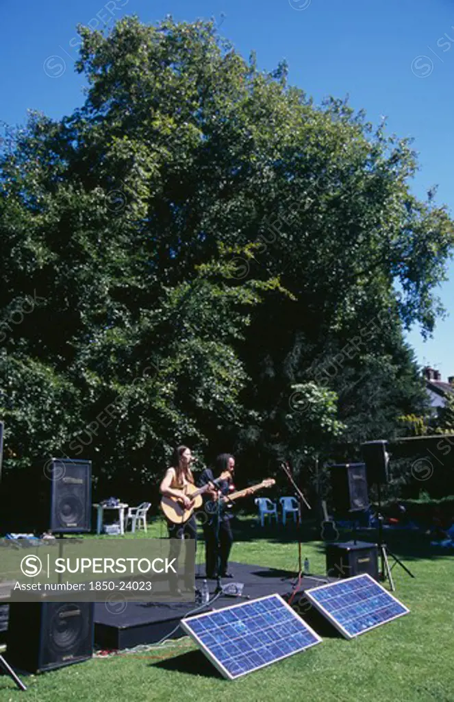 England, East Sussex, Lewes, Guitar Festival Performers With Solar Powered Amplifier Systems.