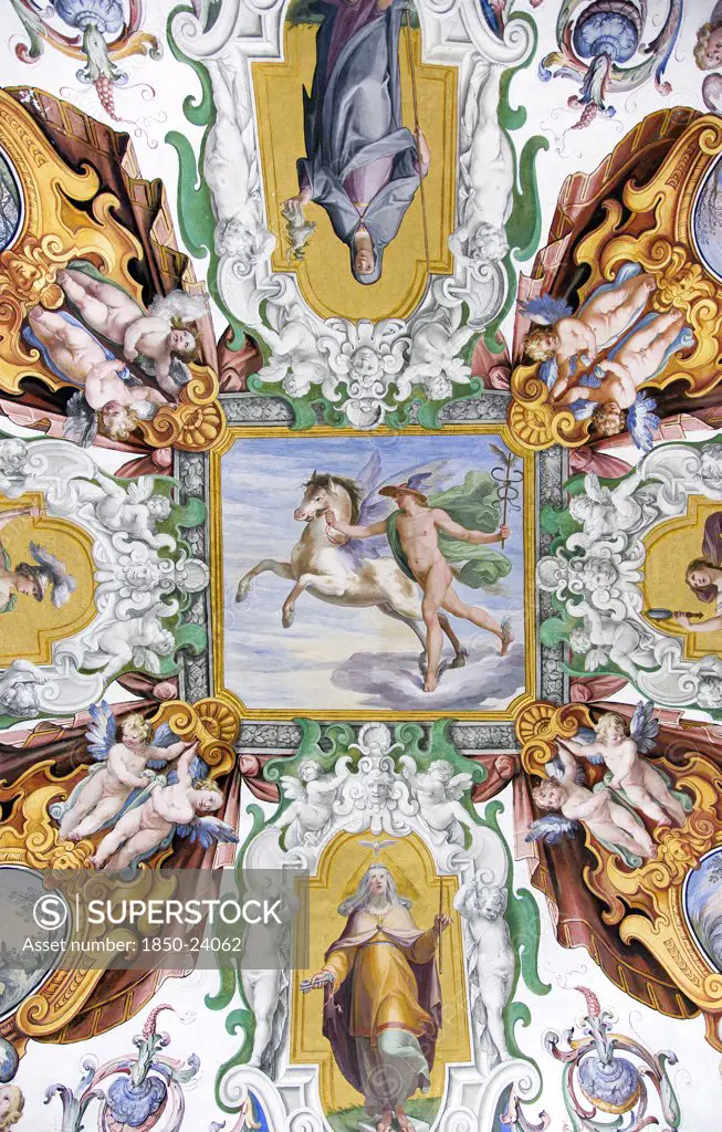 Italy, Lazio, Rome, Vatican City Painted Ceiling Detail In The Papal Apartments Of The Palace Within The Museum
