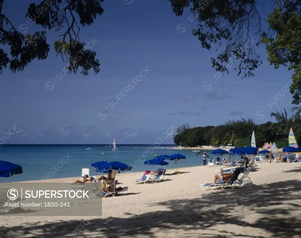 Barbados, St James, 'Sandy Lane Beach, Sunbathers, Blue Umbrellas, Overhanging Trees '
