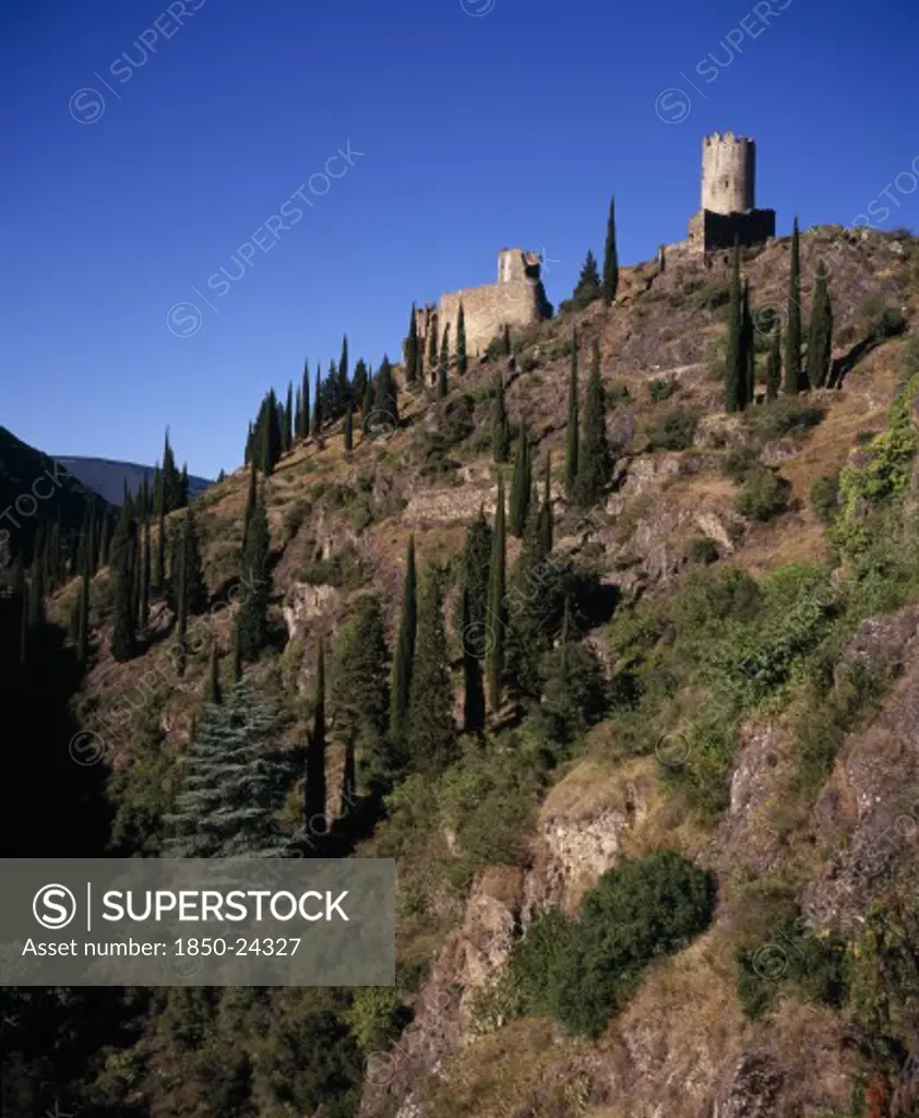 France, Languedoc-Roussillon, Aude, 'Chateaux De Lastours. Cathar Castles From Left To Right Chateau Cabaret (Mid-Eleventh Century), And Tour Regine, Added After 1240.'