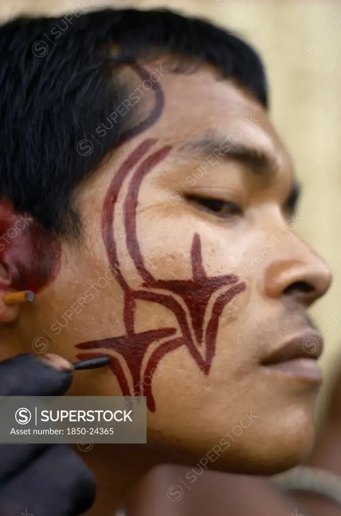 Colombia, North West Amazon, Tukano Indigenous Tribe, Barasana Man (Sub Group Of Tukano) Decorating His Face With Red Achiote Facial Paint For Manioc Festival And Dance Ceremonial. Hands Wrists And Body Decoration With Dark Purple/Black Juice From We Leaves