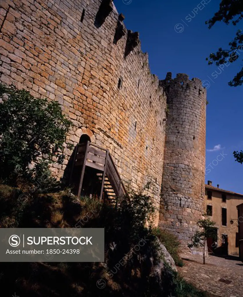 France, Languedoc-Roussillon, Aude, 'Chateau Villerouge-Termenes.  Outer Walls Of Medieval Castle Stronghold In Village Where Guilhem Belibaste, The Last Cathar Prefect Was Burnt At The Stake In 1321.'
