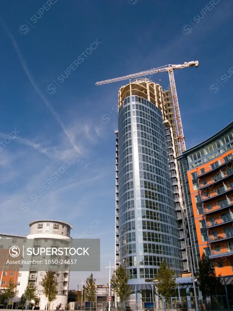 England, Hampshire, Portsmouth, Gunwharf Quays Complex. A Development Of Tall Modern Apartments In Process Of Being Built