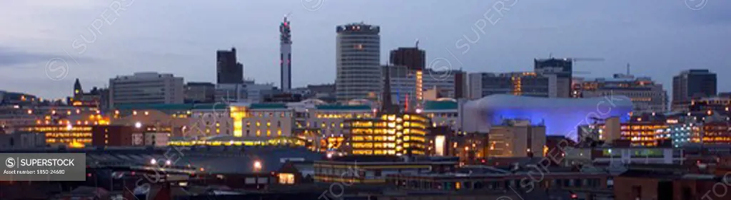 England, West Midlands, Birmingham, City Skyline Illuminated In Evening Light