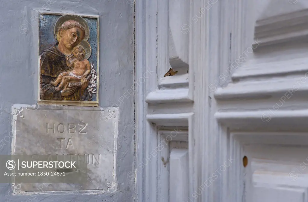 Malta, Valletta, Collection Box For Saint Anthony In A Doorway On Republic Street With A Small Painting Of The Saint Above