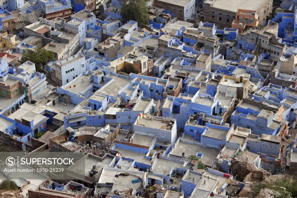 India, Rajasthan, Jodhpur, 'Aerial View Over Flat Rooftops Of The Blue Painted Houses Of The Brahman Neighbourhood From Meherangarh Fort, Known As The Blue City. '