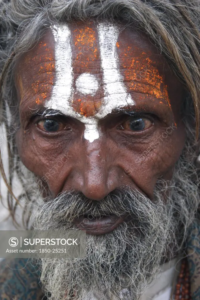 India, Rajasthan, Udaipur, 'Portrait Of Elderly, Male Hindu Beggar With Grey Beard And Painted Forehead Outside The Jagdish Temple. '