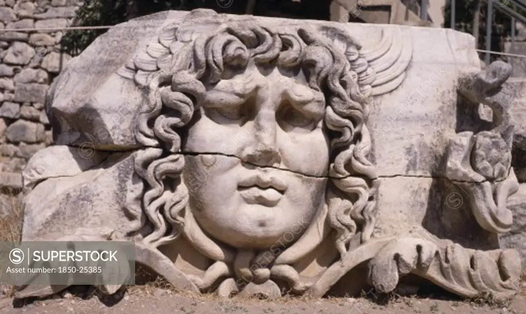 Turkey, Altinkum, Didyma, Temple Of Apollo.  Carved Head Of Medusa.
