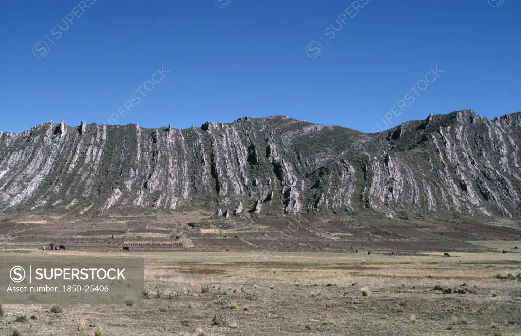 Bolivia, Altiplano, Vertically Folded Rock Strata Behind Agricultural Land With People And Cattle On The Ground
