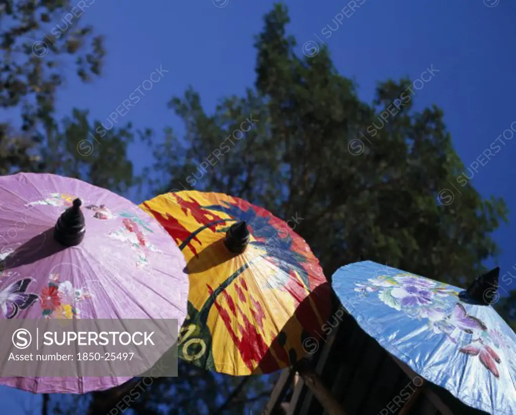 Thailand, Chiang Mai Province, Bor Sang, 'Bor Sang Umbrella And Sankampaeng Handicraft Festival.  Blue, Yellow And Purple Umbrellas Painted With Flowers, Butterflies And Sunset.   For More Than 100 Years Bor Sang Village Has Been Associated With The Production Of Umbrellas Made From Sa Paper Derived From Mulberry Tree Bark.  '