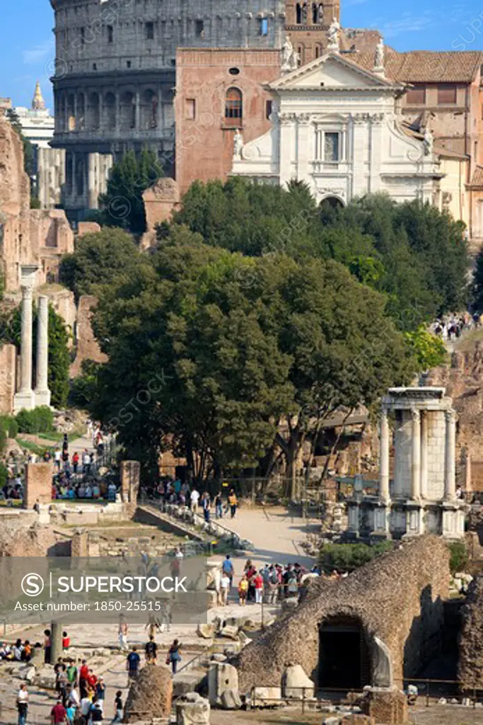Italy, Lazio, Rome, View Of The Forum With The Colosseum Rising Behind The Bell Tower Of The Church Of Santa Francesca Romana With Tourists And The Temple Of The Vestals In The Foreground