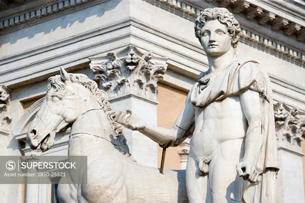Italy, Lazio, Rome, One Of The Restored Classical Statues Of The Dioscuri Castor And Pollux At The Top Of The Cordonata On The Capitoline