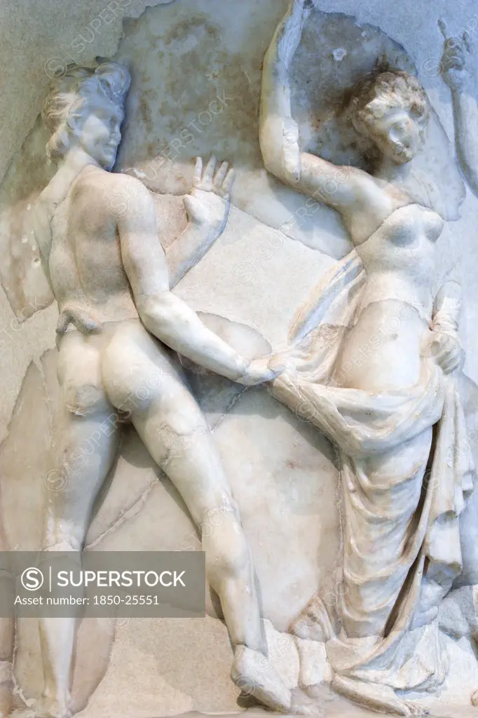 Italy, Lazio, Rome, Capitoline Museum Palazzo Dei Conservatore Detail Of Relief Of Dancing Naked Man And Woman On A Marble Urn