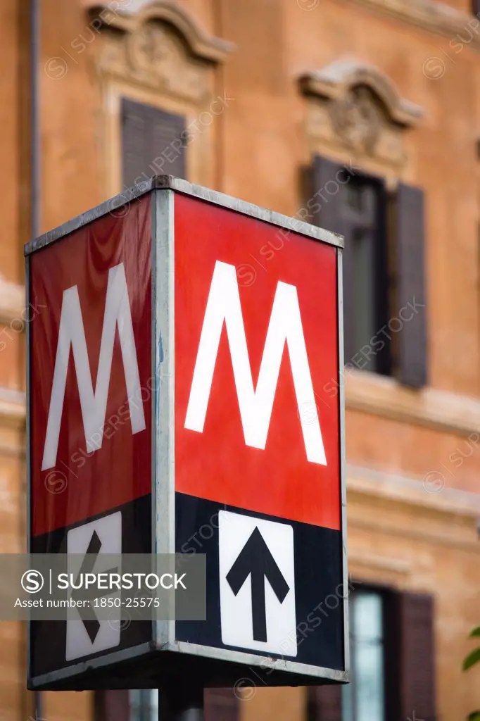 Italy, Lazio, Rome, Red And White Metro Underground Sign In Ottaviano Station