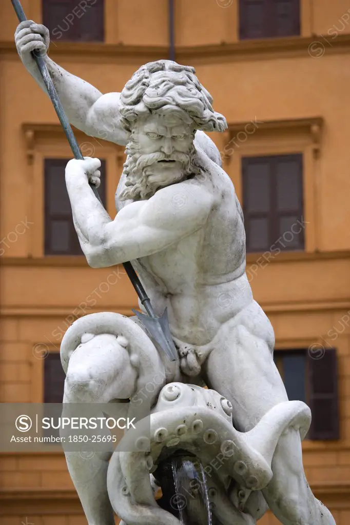 Italy, Lazio, Rome, The Central Figure Of The Sea God Neptune Fighting An Octopus On The Fontana Di Nettuno Or Neptune Fountain In The Piazza Navona