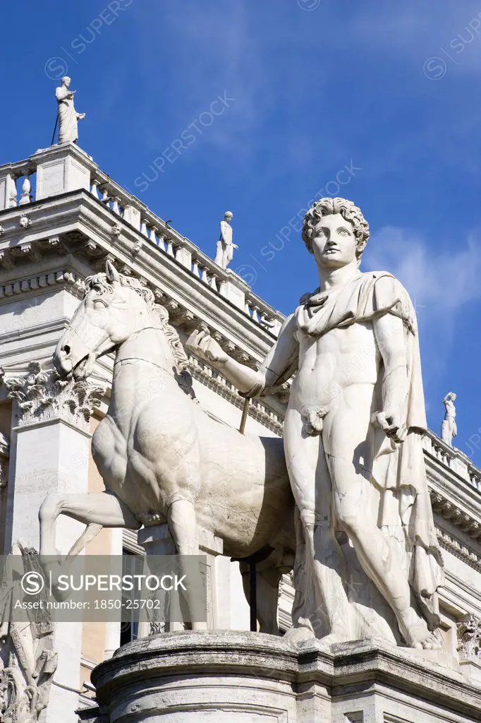 Italy, Lazio, Rome, One Of The Statues Of The Dioscuri Castor And Pollux At The Top Of The Cordonata On The Capitol In Front Of Palazzo Nuovo
