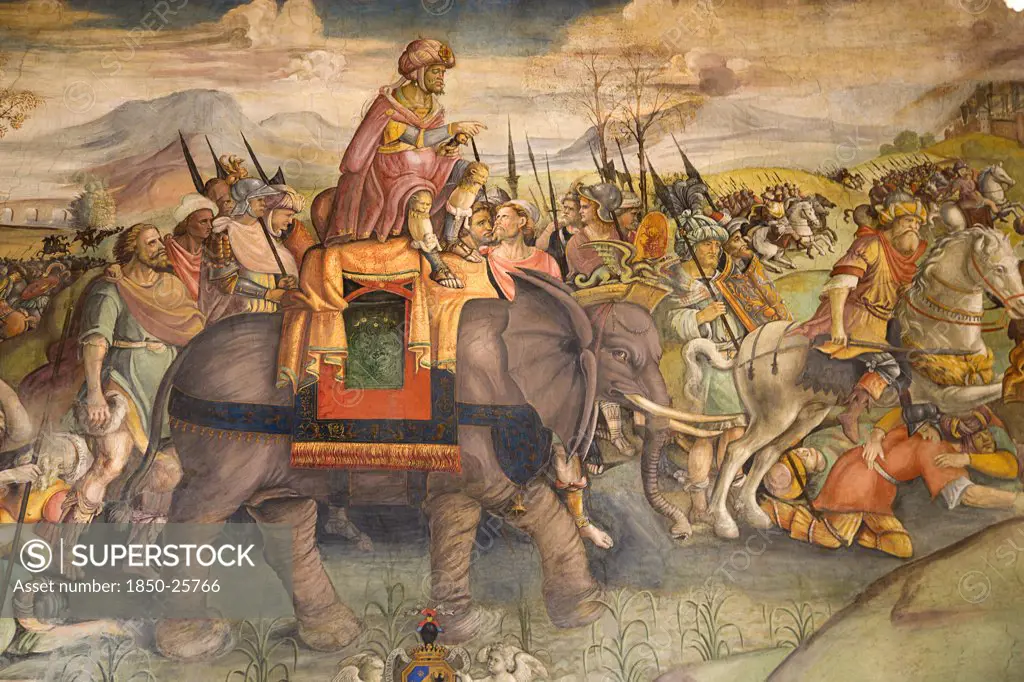 Italy, Lazio, Rome, Painting Of Hannibal On An Elephant With His Army On The Wall Of The Palazzo Dei Conservatori Capitoline Museum