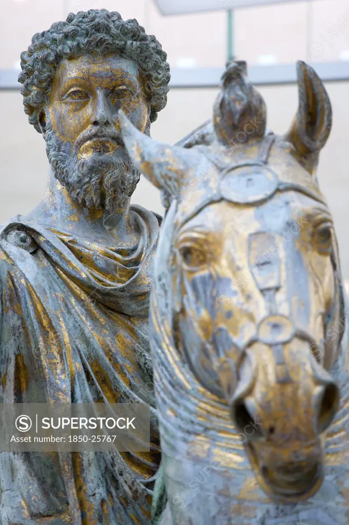 Italy, Lazio, Rome, The Palazzo Dei Conservatori Part Of The Capitoline Museum With The Gilded Bronze Equestrian Statue Of Marcus Aurelius