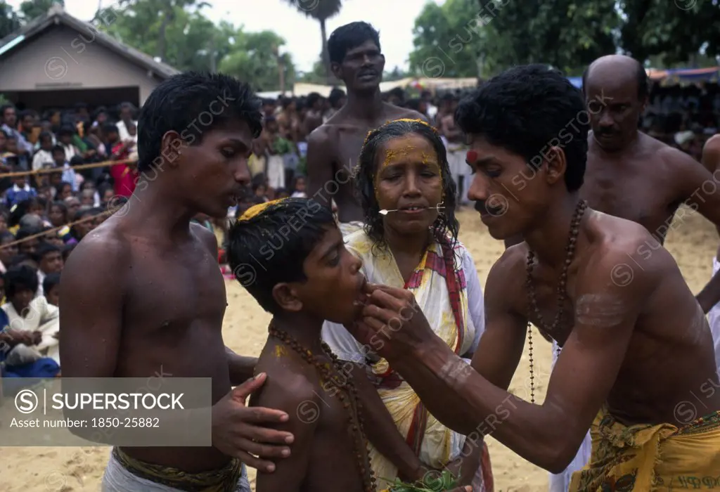 Sri Lanka, Religion, Hinduism, 'Punnaccolai Festival. Tamil Oracle Named Sothimalar With Her Son, Both Having Ritual Trident Piercings Inserted Through Cheeks'