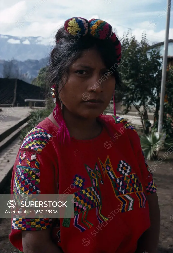 Guatemala, El Quiche, Chajul, Portrait Of A Ixila Indian Girl Wearing A Red Huipile