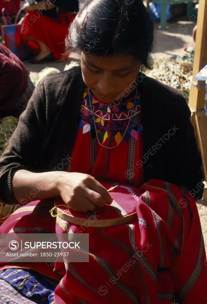 Guatemala, Chimaltenango, Patzun, Kakchiquel Indian Woman Making A Huipile Blouse
