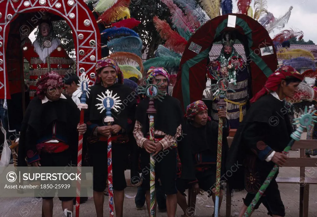 Guatemala, El Quiche, Chiche, Quiche Indian Cofradia Brotherhood In Ceremonial Dress