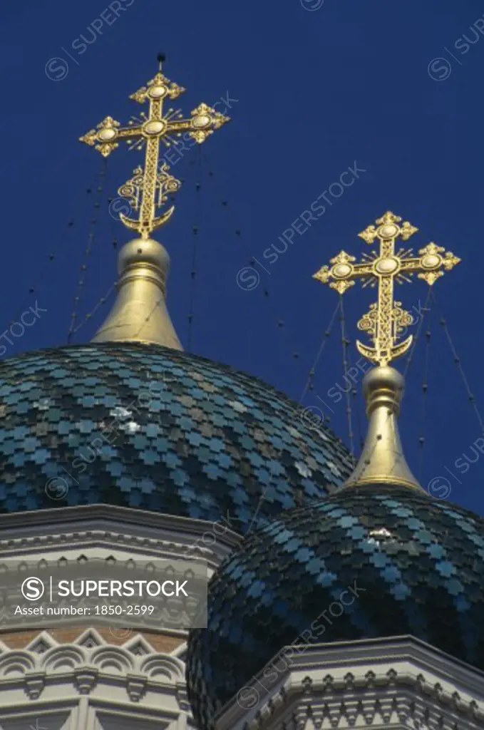 France, Cote DAzur, Nice, 'Two Crosses On Top Of Saint Nicholas, Russian Church.'