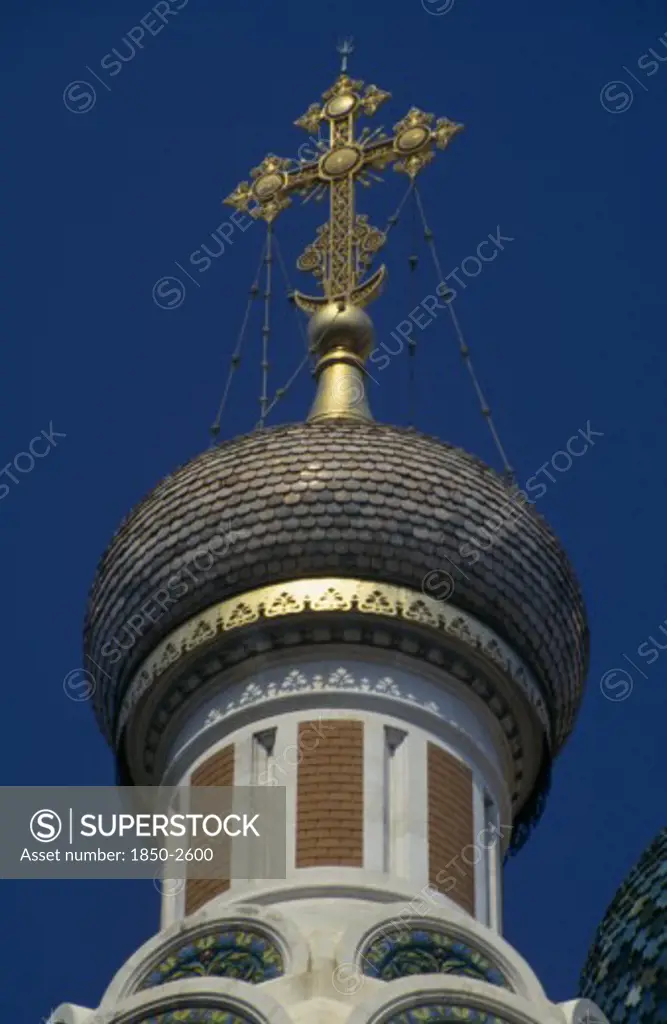 France, Cote DAzur, Nice, 'A Cross On Top Of The Dome Of Saint Nicholas, Russian Church.'