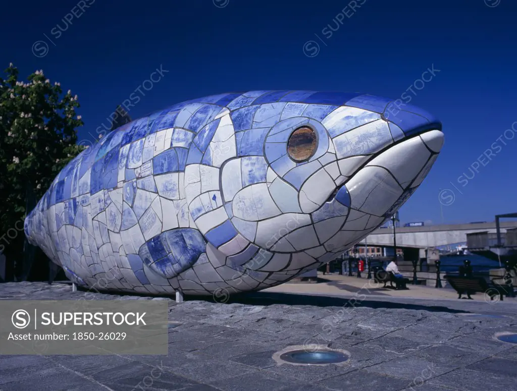 Ireland, North, Belfast, 'Lagan Weir.  Big Fish Sculpture, Angled View.'