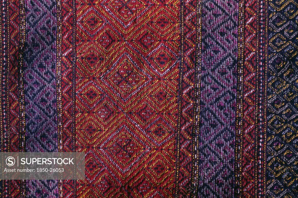 Bangladesh, Crafts, Textiles, Detail Of Red And Purple Woven Murang Pinon Or Loin Cloth.