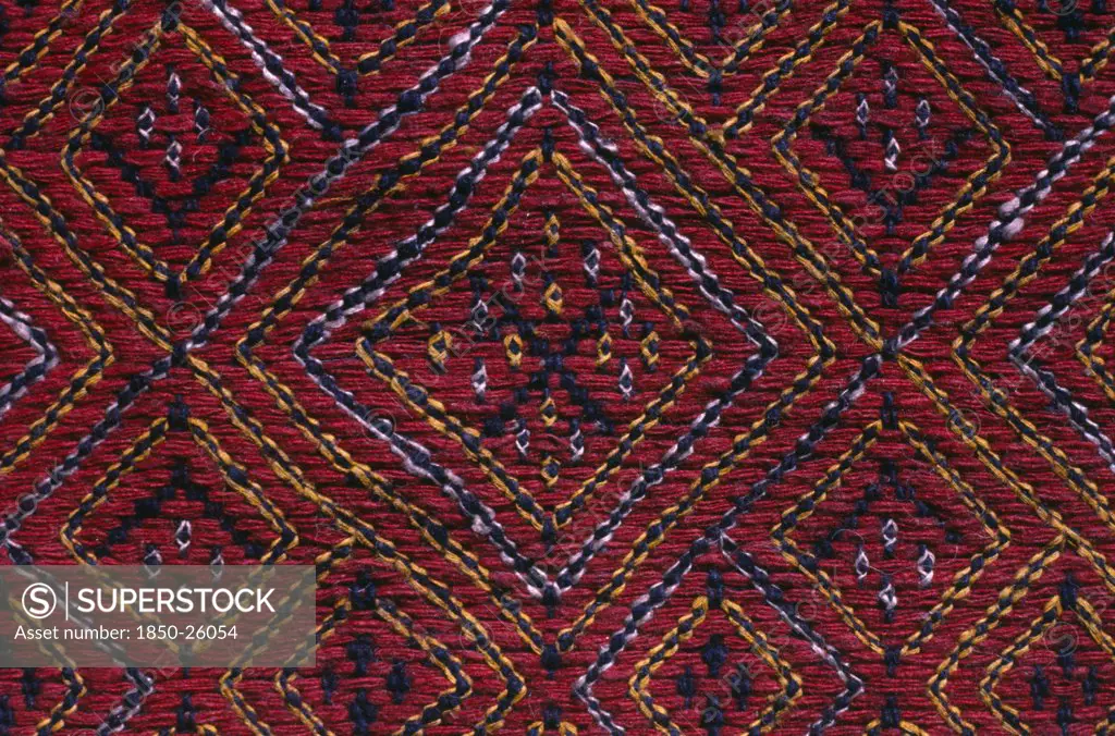 Bangladesh, Crafts, Textiles, Detail Of Red And Blue Embroidered Murang Pinon Or Loin Cloth.