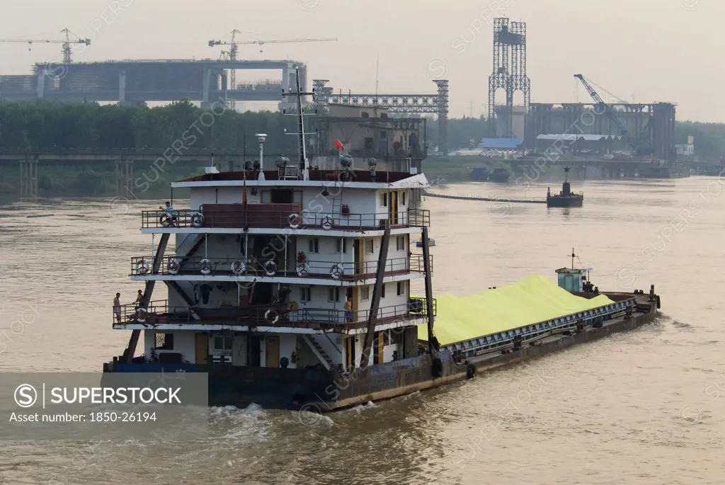 China, Hubei, Yangtze, Barge Carrying Sulphur On The Yangtze River East Of Wuhan