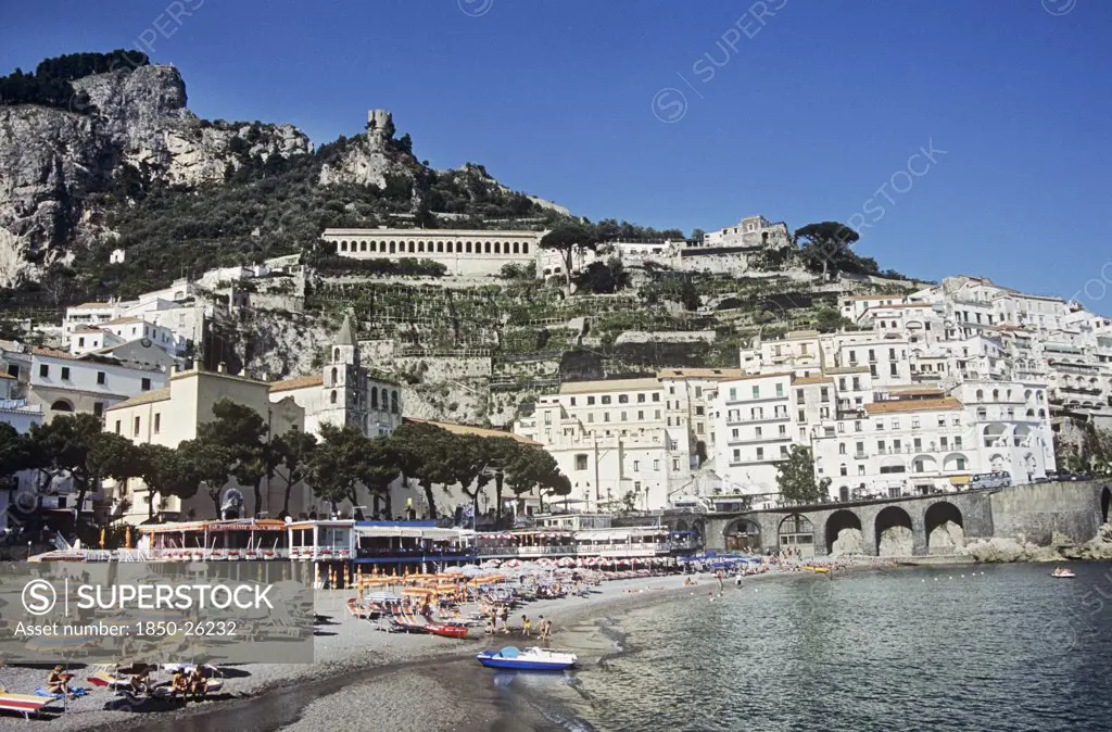 Italy, Campania, Amalfi Coast, Beach And Town Of Amalfi