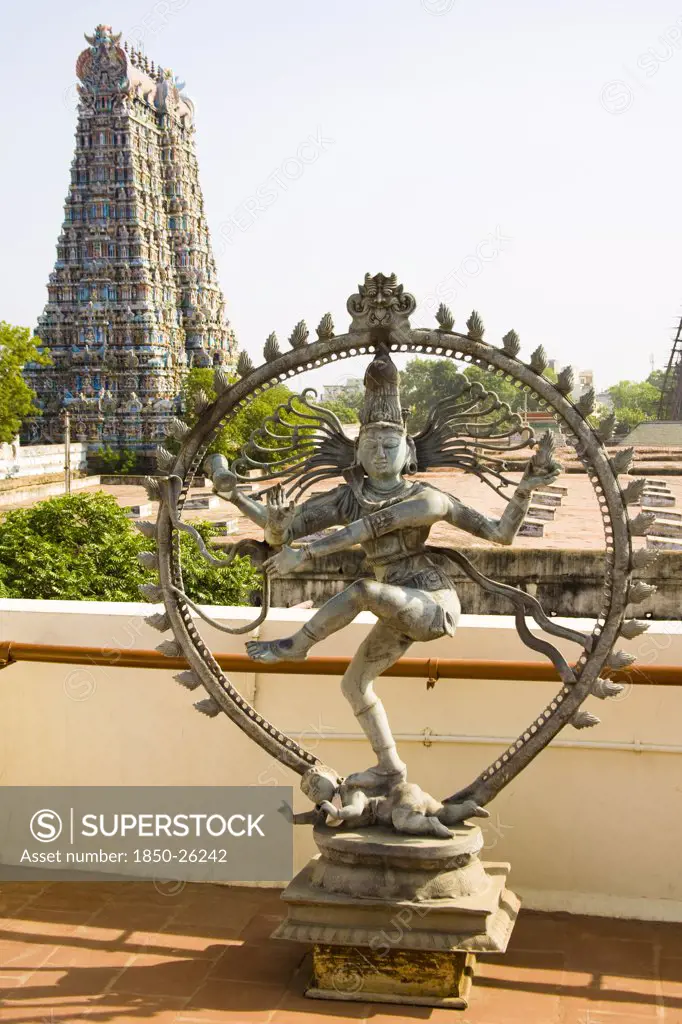 India, Tamil Nadu, Madurai, 'Nataraja, Dancing Posture Of Hindu God Shiva And A Gopuram, Meenakshi Temple'